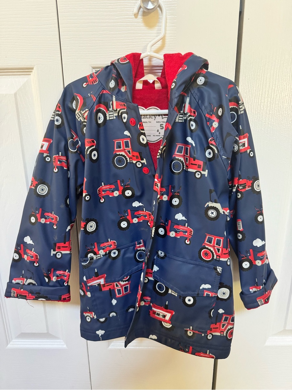 Hatley Boys Size 5 Navy Raincoat with Red Tractor Print